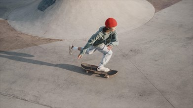 Teenager having fun skatepark with skateboard