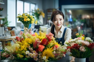 Cheerful Asian florist at work in a modern flower shop