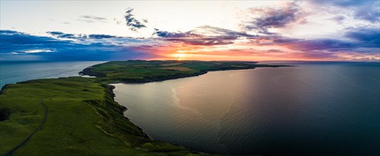 Panorama of Sunset over Mull of Galloway Lighthouse from a drone