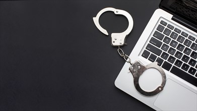 Flat lay handcuffs with laptop copy space