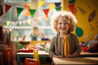 Happy blonde curly girl in kindergarten