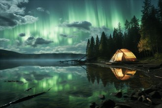 Yellow tent lit from inside in vast Canadian wilderness by a lake