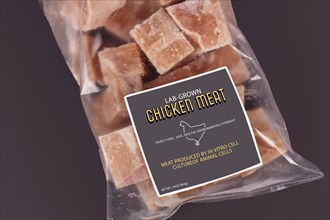 Cultured chicken meat concept for artificial in vitro cell culture meat production with frozen packed raw meat with label on dark background