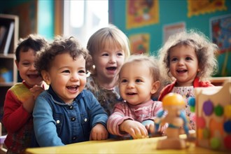 Children playing happily in the kindergarten