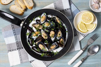 Top view mussels with parsley lemon