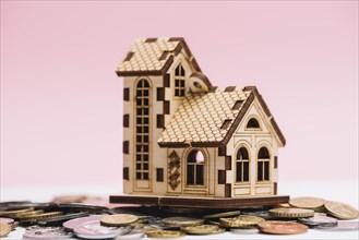 House model coins front pink background