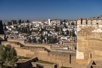 View from the castle complex of the Alhambra to the former Moorish residential quarter Albaicin in Granada