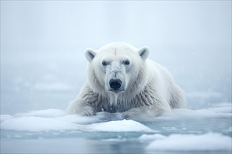 A polar bear swims in the Arctic Ocean between ice floes and snow