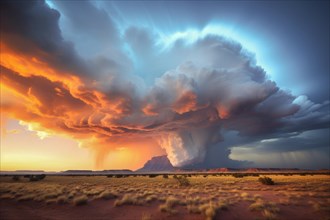 Heavy thunderclouds over a vast desert landscape