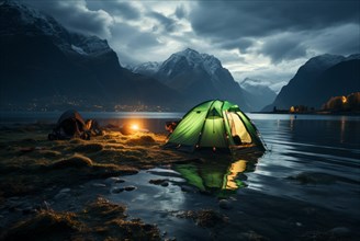 Two tents lit from inside in vast Canadian wilderness by a lake