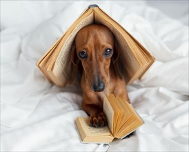 Cute dog with books bed