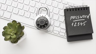 Top view lock keyboard with plant notebook