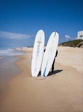 Two surfers standing on the beach behind their surfboards stuck in the sand