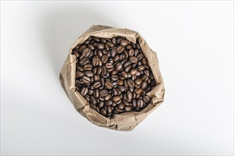 Top view coffee beans paper bag