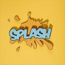 Blue splash text blot against yellow background
