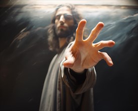 A person in a Jesus look stretches out his hand threateningly