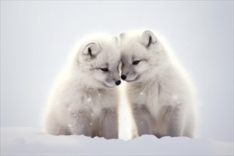 Two Arctic fox cubs with soft fur snuggle together