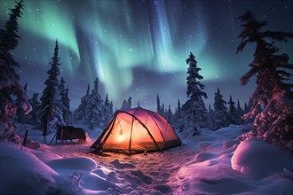 A tent lit from the inside in vast arctic wilderness in winter