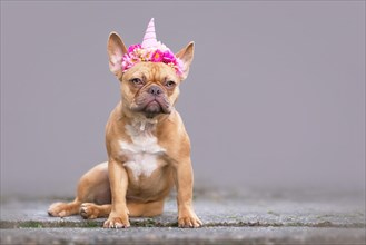 Red French Bulldog dog wearing unicorn costume headband with flowers sitting in front of gray wall