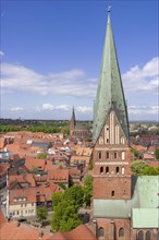 View of the old town of Lueneburg and the bell tower of St John's Church from the historic water tower