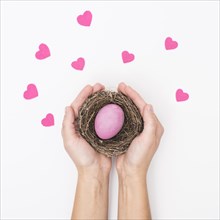 Person holding nest with bright easter egg