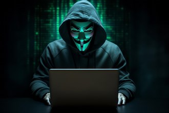 Hacker with Anonymous mask on notebook