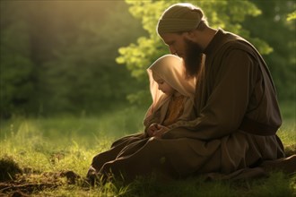 Muslim father and little daughter lovingly in a meadow