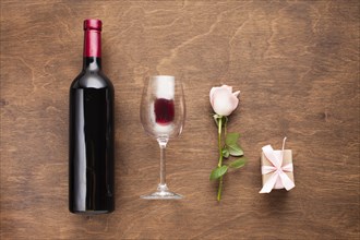 Flat lay romantic arrangement with wine