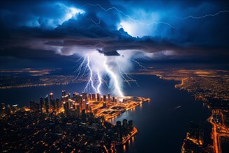 Storm with heavy thunderclouds and lightning over a big city by the sea