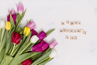 Happy mother s day text with colorful tulip flowers white concrete background