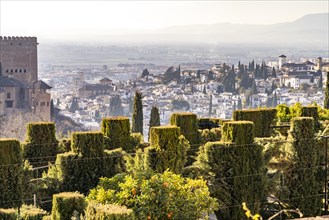 View from the Generalife of the Alhambra castle complex and the city of Granada
