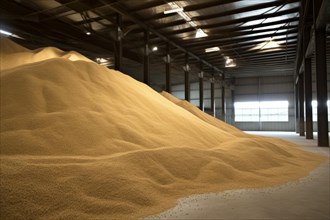 Large warehouse with mountains of grain