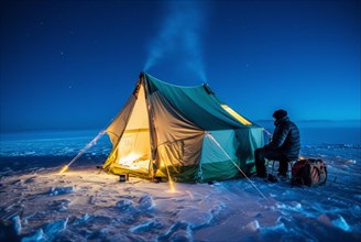 Man sitting next to tent lit from inside in vast arctic wilderness in winter