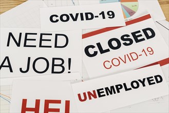 High angle covid19 unemployment signs