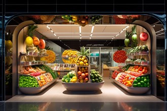 A modern fruit shop with various boxes of fruit and vegetables in front of the door