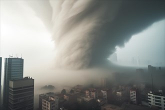 A devastating tornado rages over a major city