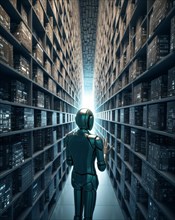 An AI robot works in a gigantic archive