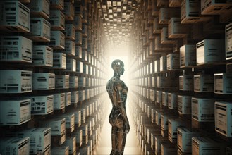 An AI robot works in a gigantic computer archive
