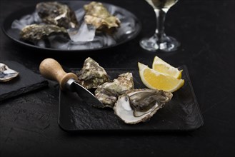 High angle oysters plate with knife lemon slices