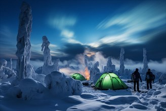 Two winter hikers and two green tents lit from inside in vast arctic wilderness in winter