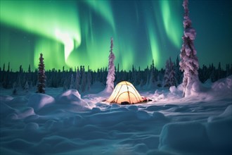 A yellow tent lit from the inside in vast arctic wilderness in winter
