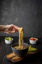 Noodles bowl with avocado copy space