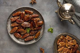 Dates nuts arrangement flat lay
