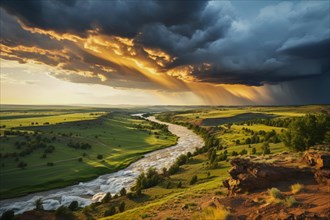 Heavy thunderclouds over a wide river landscape