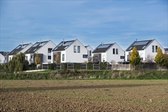 Solar panels on the houses of a new housing development in Duesseldorf