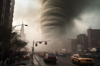 A devastating tornado rages over a major city