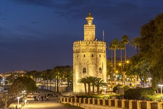 The historic Torre del Oro tower at dusk