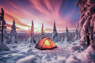 A red tent lit from the inside in vast arctic wilderness in winter