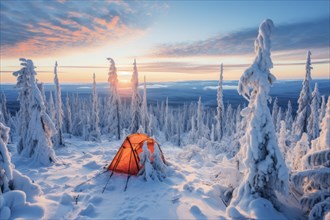 An orange tent in a vast arctic wilderness in winter