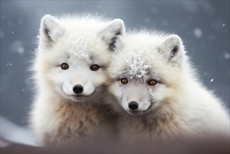 Two Arctic fox cubs with soft fur snuggle together
